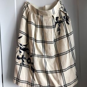Anthropologie Cream/Navy Plaid Embroidered Skirt